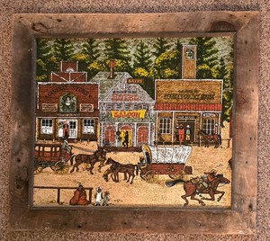LR - Western Town Painting on Canvas Board in Rustic Wood Frame