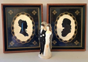 O - Wedding Cake Topper - Vintage Wallace Nutting Silhouettes & Frame Pair Mixed Lot