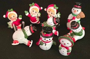 LL-ST - Christmas Figurines Skater Girls, Snowmen & Salt & Pepper Set (Lot of 9)