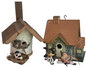 LL-ST - Bird Feeder Set - Copper Roof Birdhouse, Birch Feeder, Bird Ornaments & Nest (Lot of 5)