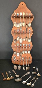 K - Collector Spoons - Vintage Wooden Wall Rack With Assorted Souvenir Spoons