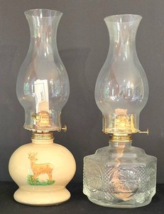 K - Vintage Oil Lamps Pair Deer Ceramic & Glass Hurricane Lamps