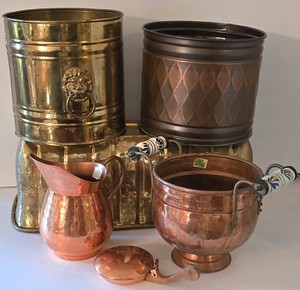 K - Copper & Brass Planters, Pitcher, Basket & Pan Mixed Lot (6 Pieces)