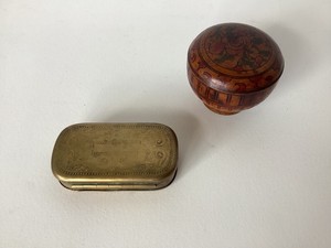 Antique Brass Snuff Box  Vintage Painted Treen Box