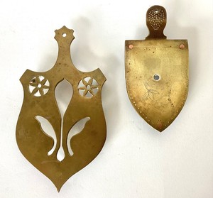 Pair Antique Brass Sad Iron Trivets w Cutout and Incised Decoration