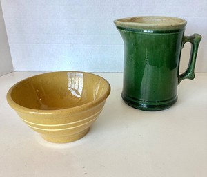 Green Glaze Stoneware Pitcher Yellow Ware Bowl