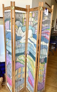 Artist Painted 4 Panel Fabric Screen