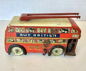 Vintage Wells Brimtoy Key-Wind Tin Litho Trolley Bus