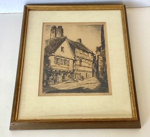 Vintage English Etching Street in Old Brittany