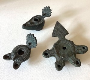 3 Small Bronze Greek  Roman (Replica) Oil Lamps