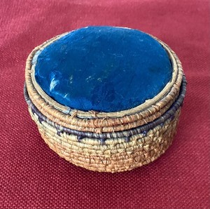 Antique Native American Coiled Sewing Basket with Pincushion Top