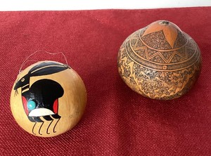 Vintage Peruvian Folk Art Carved Gourd  Polychromed Gourd Ornament