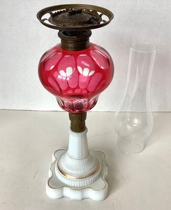 Antique Victorian Cut Cranberry Glass Oil Lamp