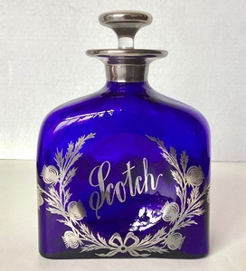 Vintage Hazel-Atlas Silver Overlay Cobalt Glass Scotch Decanter