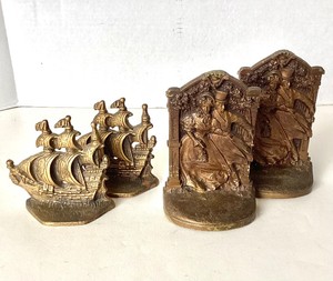 Two Pairs of Antique Bronze and Gilded Cast Iron Bookends