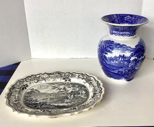 Vintage Cauldon Blue  White Urn  Antique English Black  White  Transferware Platter