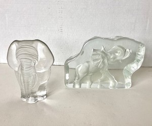 Pair of Mats Jonasson Crystal Elephant Paperweights