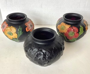 Trio of Tiffin Glass Black Satin Poppy Vases