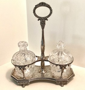 Antique Sterling Silver  Cut Crystal Cruet Set