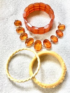 Bakelite Bracelet  Amber Look Bracelet  Pair of Ivory Look Bangles