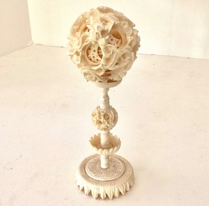 Vintage Chinese Bone Ivory Puzzle Ball on Stand
