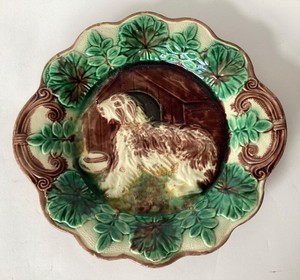 Antique Majolica Dog Motif Plate