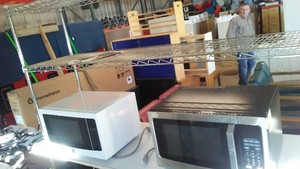 Rolling Stainless Shelving, Microwaves (2) and Stools (3).