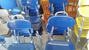 Blue Molded Plastic Chairs (14). Chrome-finished metal frames.
