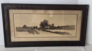 Antique Framed Landscape Etching Signed Lower Right