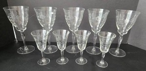 Etched Floral Depression Era Stemmed Glassware Set (Lot of 9)
