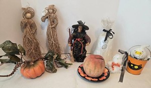 Halloween Decor Mixed Lot With Paper Mache Witch, Ghost Candle & Pumpkin Plate