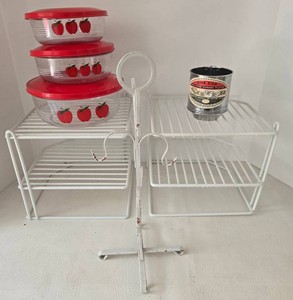 Vintage Kitchen Storage Racks, 3 Apple Containers & One Cup Sifter