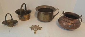 Vintage Small Copper Brass Buckets and Wall Hook (Lot of 5)