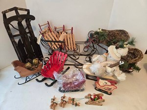 Mixed Lot Christmas Sleigh Decor - Wicker, Wood, Wire
