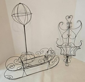 Antique Scrollwork Wire Hat Stand, Wall Plant Holder, & Holiday Sleigh