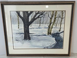 Framed Unsigned Watercolor Winter Landscape