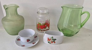 Frigidaire & Green Glass Pitchers & Strawberry Themed Glass Pieces
