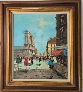 Vintage Parisian Street Scene Oil Painting on Canvas wOrnate Frame