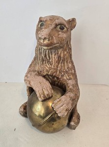 Vintage Ceramic Bear Sculpture Holding Brass Ball