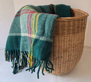 Vintage Wicker Basket With Tartan Wool Throw Blanket