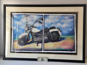 1992 Holly Evans Signed Motorcycle Painting on Canvas Framed