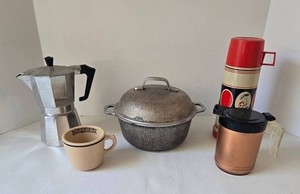 50s Ital Express Moka Pot, Thermo-Serv, Hardware Hank Thermos, SilverSeal Casserole, & Mug