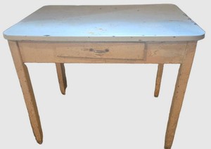 Vintage White Enamel Table With Wood Base 36 X 25 X 30 in