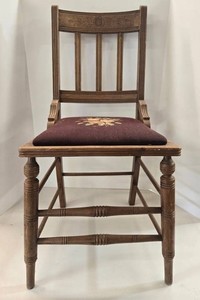 Antique Spindle Back Chair With Floral Embroidered Seat