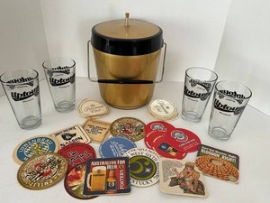 MCM Bar Memorabilia Lot With Uptown Minneapolis Glasses & Thermo Serv Gold Ice Bucket & Collectible Bar Coasters