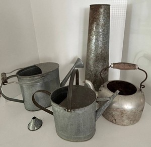 Vintage Galvanized Watering Can Group With Tall vase & Funnel