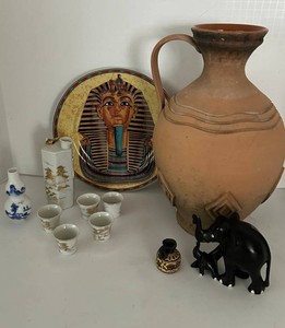 Ceramic Decor Mixed Lot  Egyptian Plate, Sake et, Carved Ebony Elephant, Mini Greco Vase & More