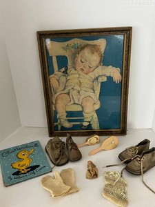 Vintage Baby Nursery Mixed Lot - Framed Print, Chatterduck Book & Doll Shoes