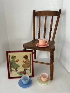Mixed Childs Size Wooden Chair, Framed Print &amp 3 CupSaucer Sets