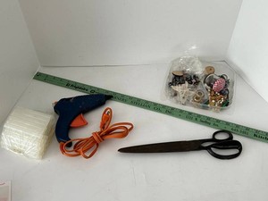 Mixed Lot Jewelry Pieces for repurpose, Hot Glue Gun, Wooden Yardstick & Large Steel Shears by Murray Black Co
